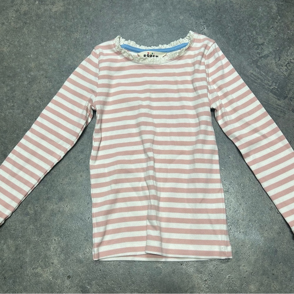 Mini boden pink and White Striped Long Sleeve Tee
